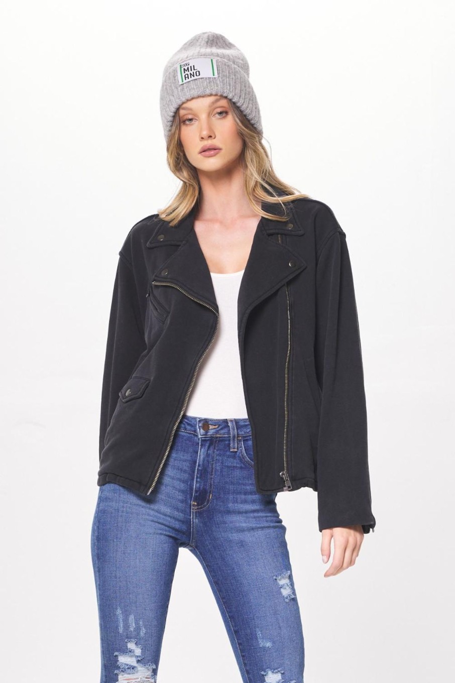 Women Vintage Havana Outerwear | Washed Black Garment Dye Moto Jacket