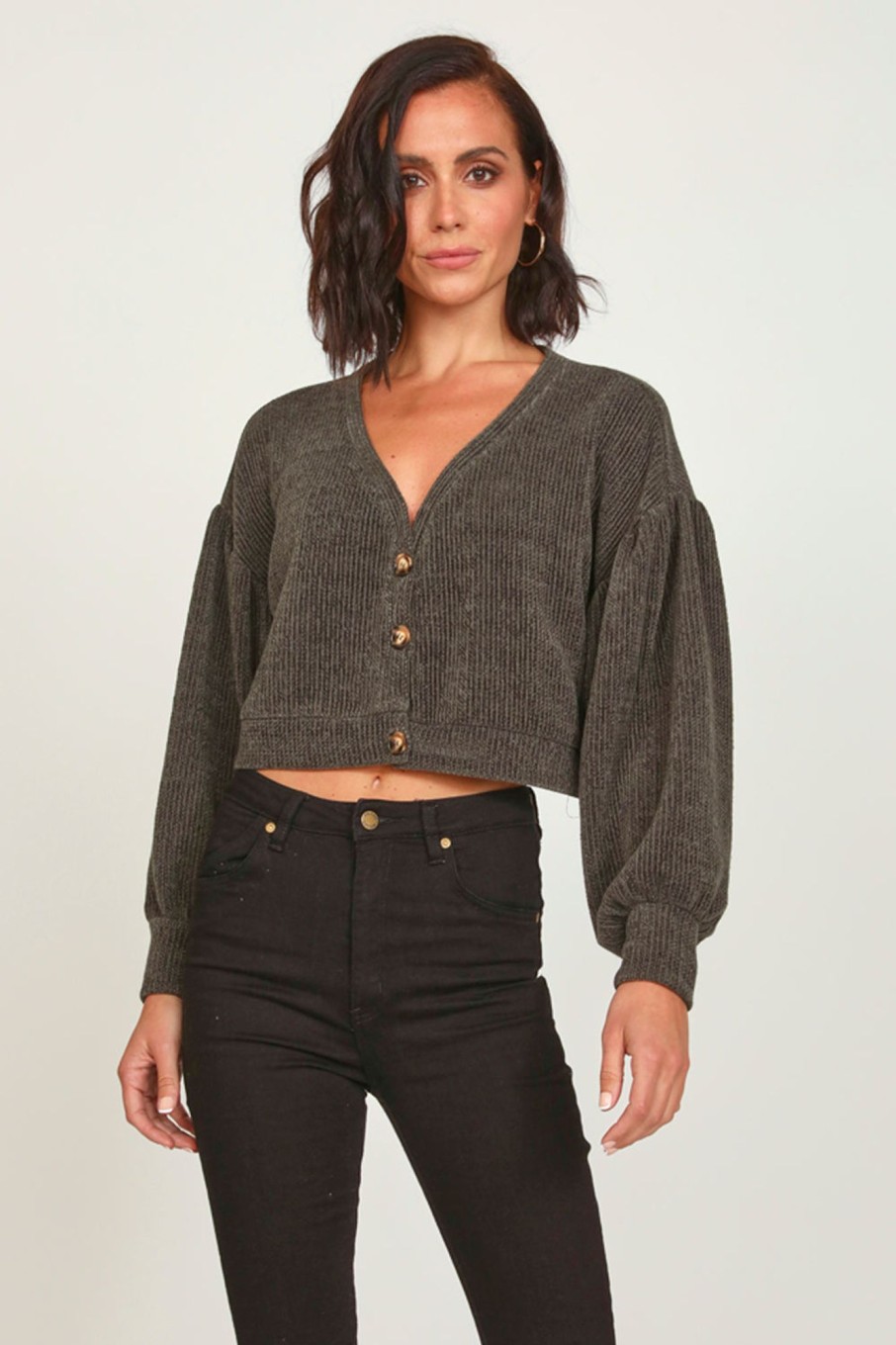 Women Vintage Havana Sweaters | Moss Textured Balloon Sleeve Cardigan