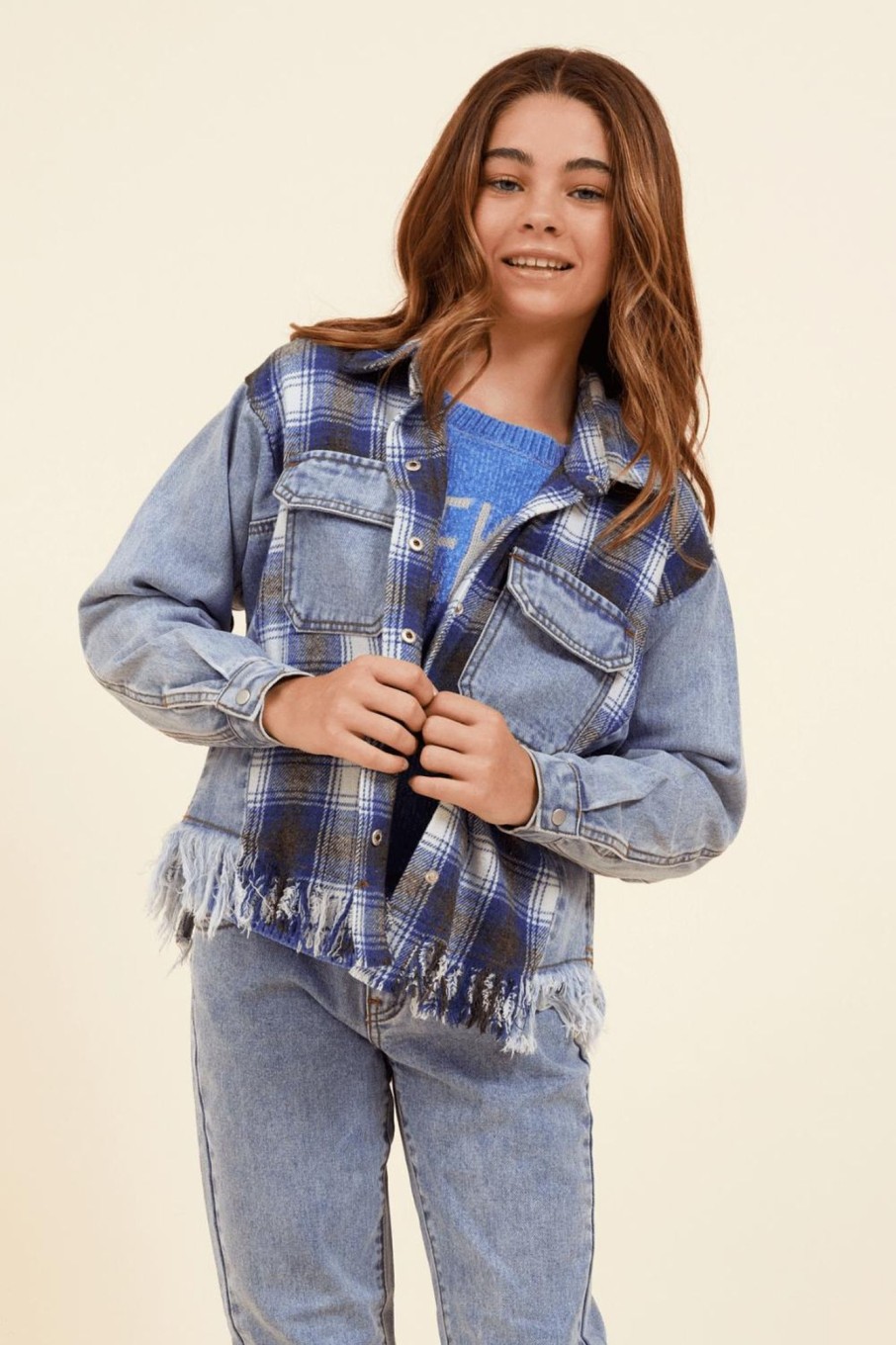 Kids Vintage Havana Kids Tops | Denim & Blue Plaid Frayed Button Down