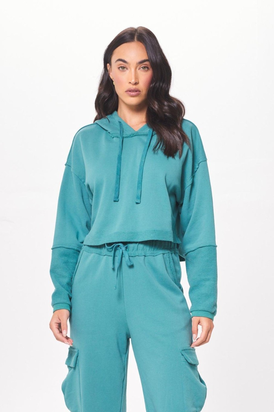 Women Vintage Havana Sweatshirts | Teal Green Terry Cargo Fleece Hoodie