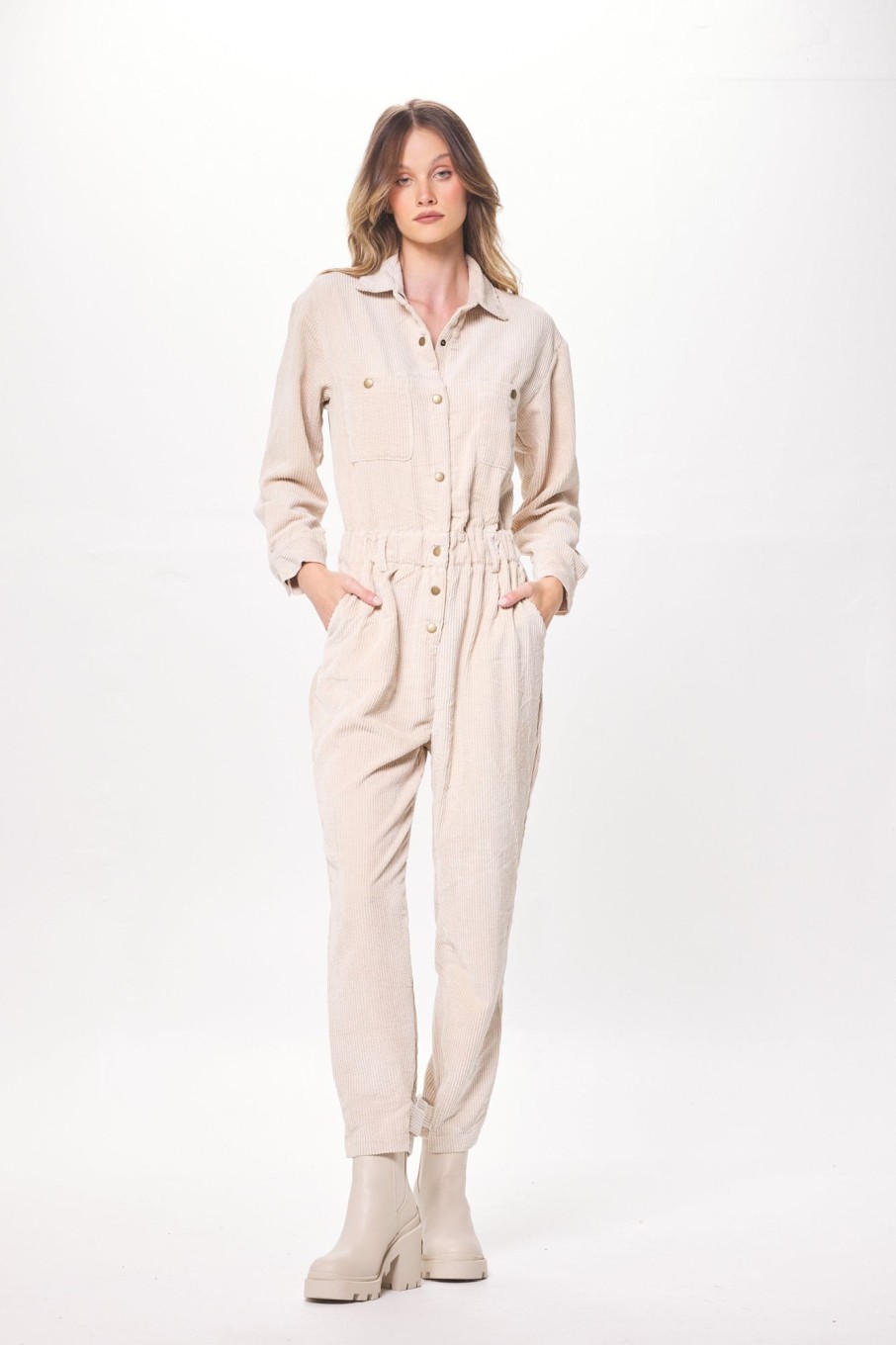 Women Vintage Havana Jumpers & Rompers | Washed Taupe Crinkle Cord Jumpsuit