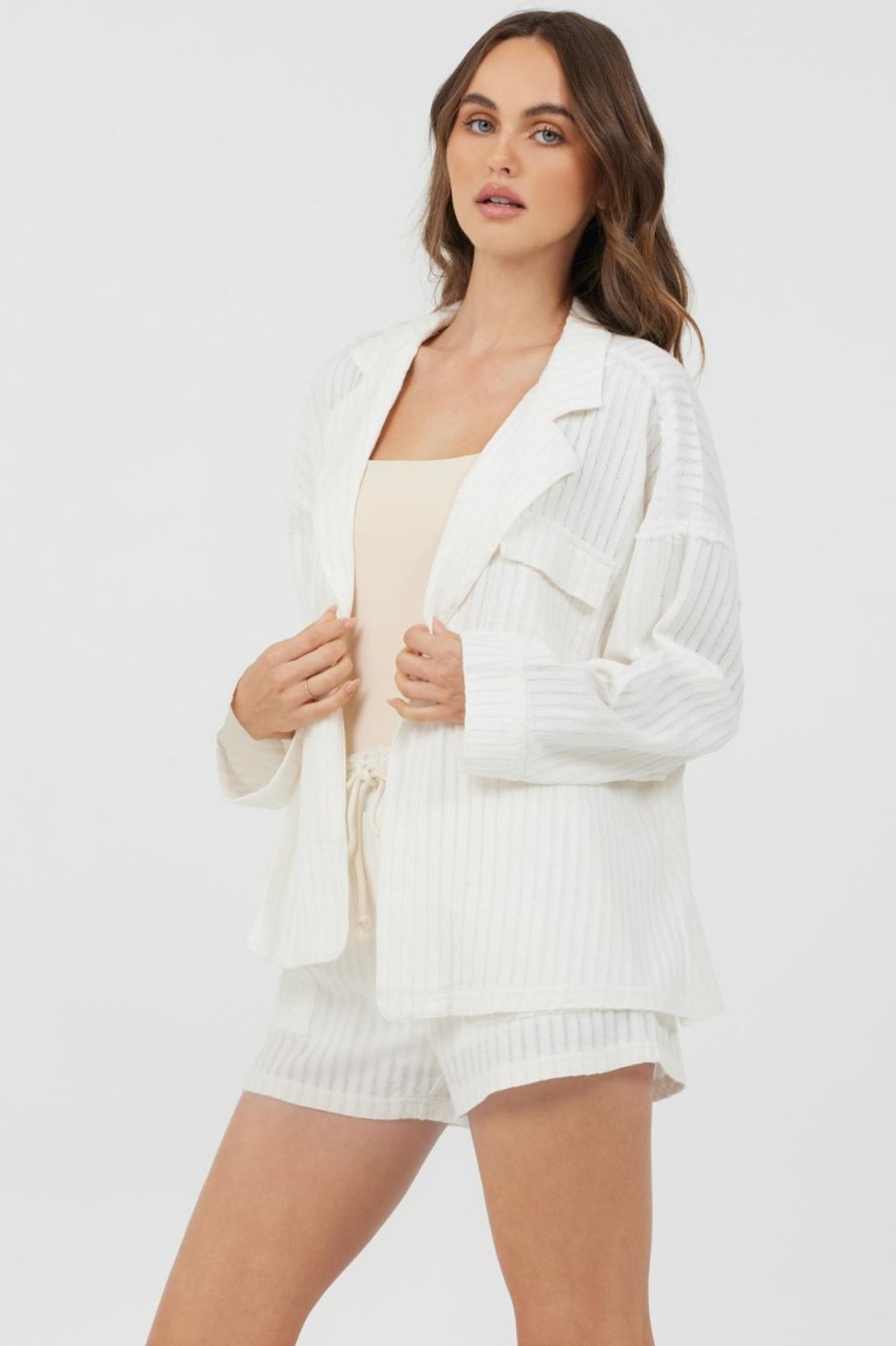 Women Vintage Havana Outerwear | White Cotton Relaxed Blazer