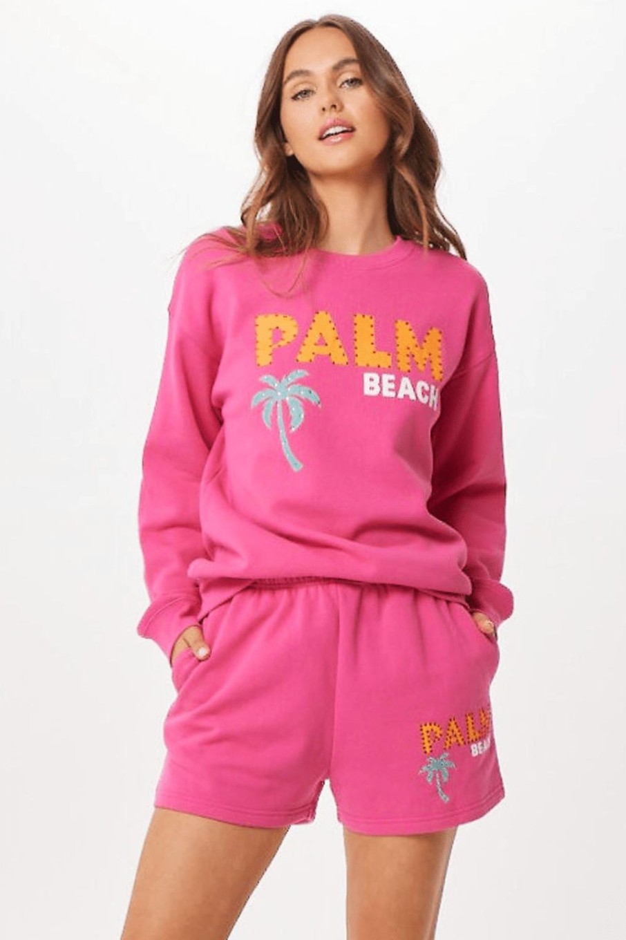 Women Vintage Havana Sweatshirts | Hot Pink Palm Beach Jet Setter Surf Wash Crewneck