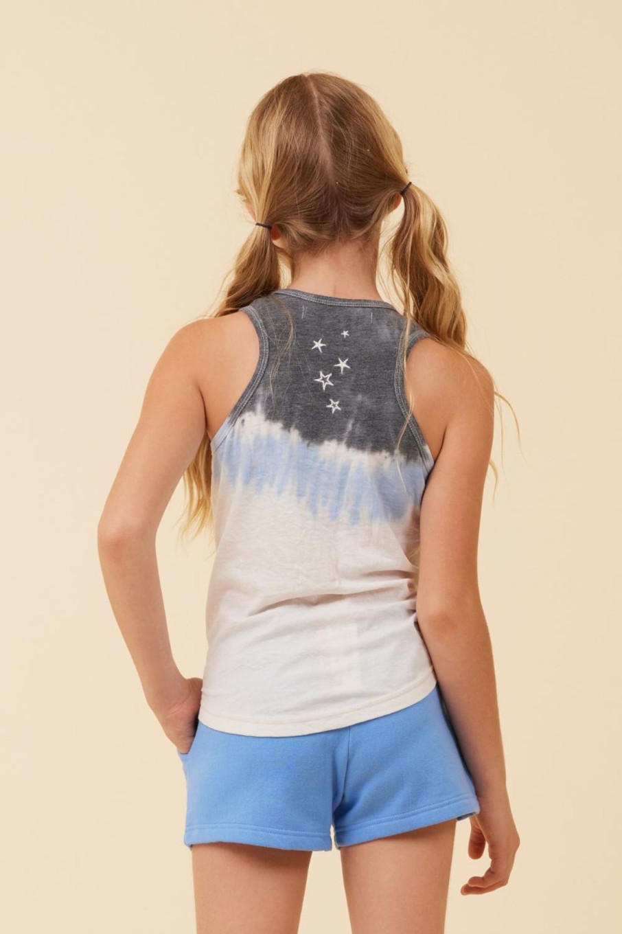 Kids Vintage Havana Kids Tie Dye | Summer Blue/White/Charcoal Tie Dye Tank W/Embroidered Stars