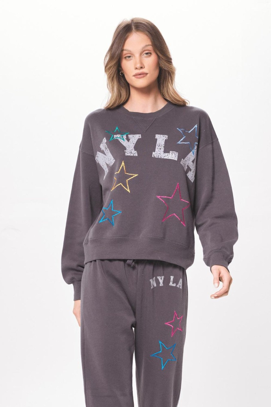 Women Vintage Havana Sweatshirts | Cool Charcoal W/Star Embroidery Fleece Crewneck