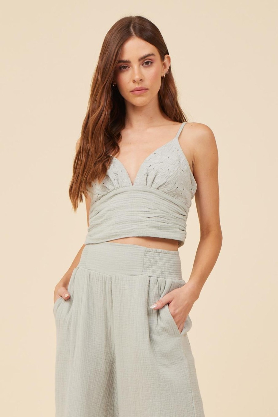 Women Vintage Havana Tanks | Washed Sage Gauze Eyelet Embroidered Cropped Tank