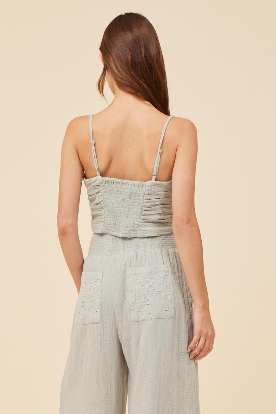 Women Vintage Havana Tanks | Washed Sage Gauze Eyelet Embroidered Cropped Tank