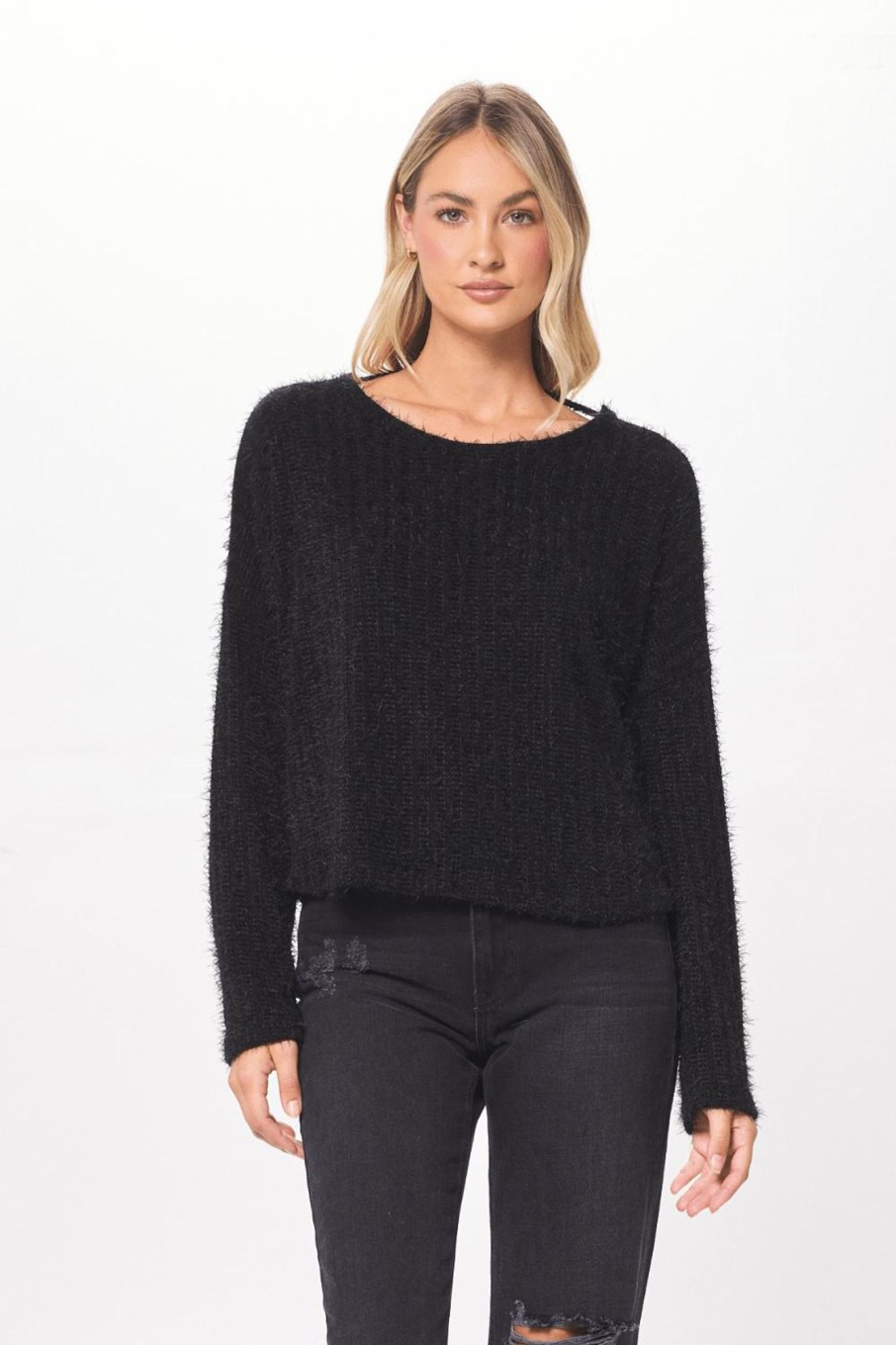 Women Vintage Havana Sweaters | Black Chenille Mohair Twist Back Sweater