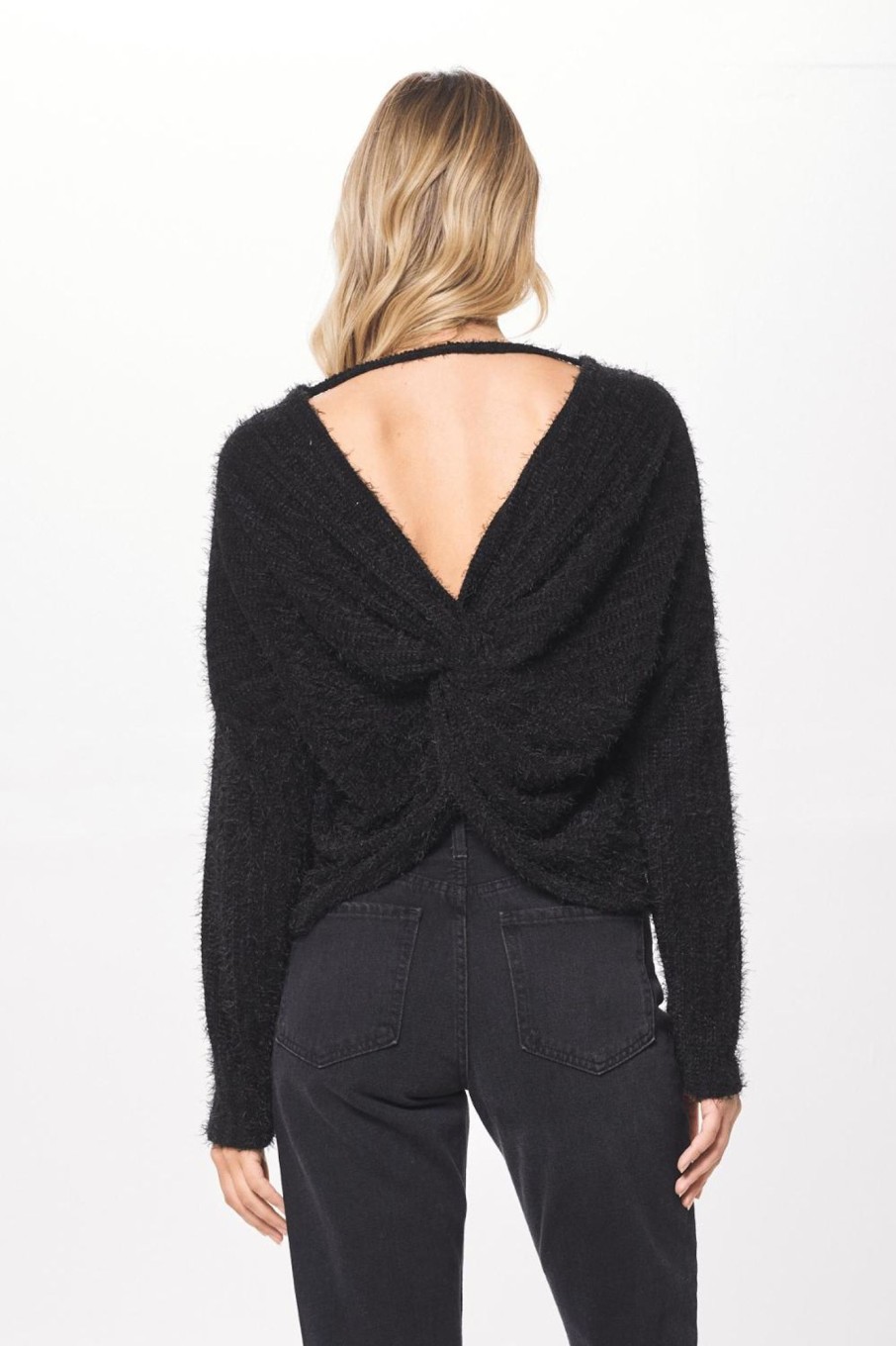 Women Vintage Havana Sweaters | Black Chenille Mohair Twist Back Sweater