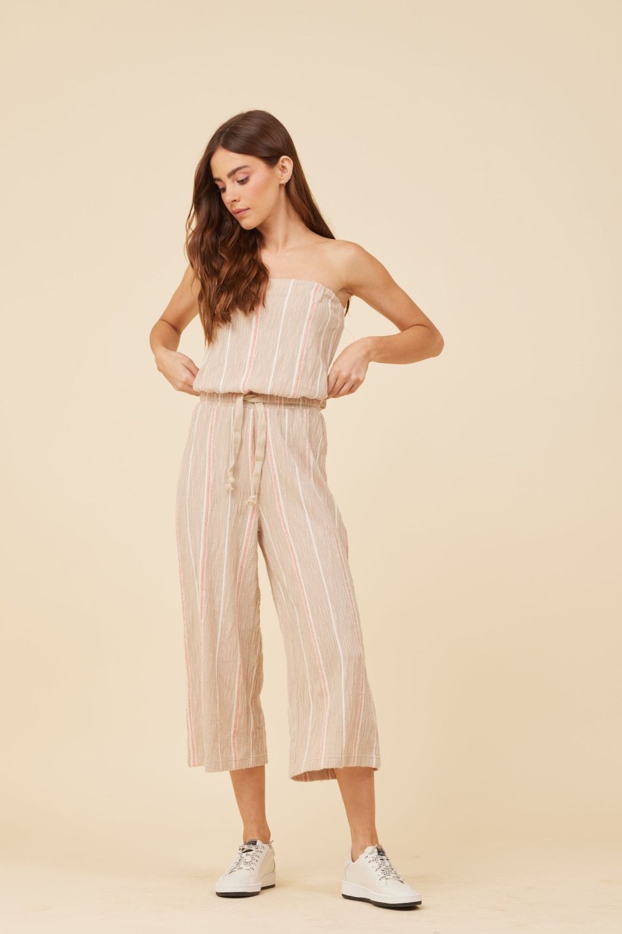 Women Vintage Havana Jumpers & Rompers | Soft Tan W/Mixed Stripes Textured Jumpsuit