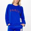 Women Vintage Havana Sweatshirts | Royal Blue W/Red Paris Boarding Pass Crewneck