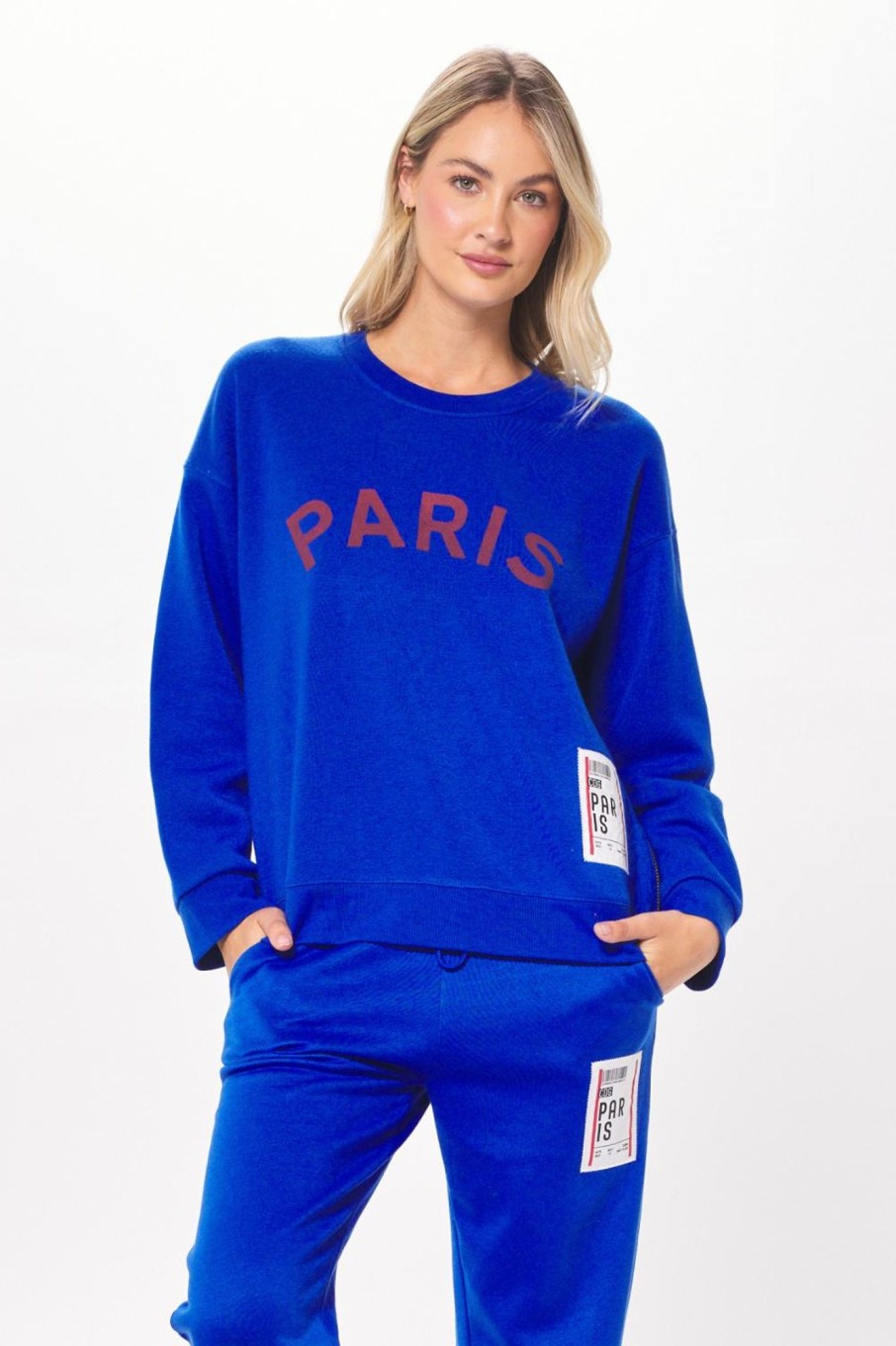 Women Vintage Havana Sweatshirts | Royal Blue W/Red Paris Boarding Pass Crewneck