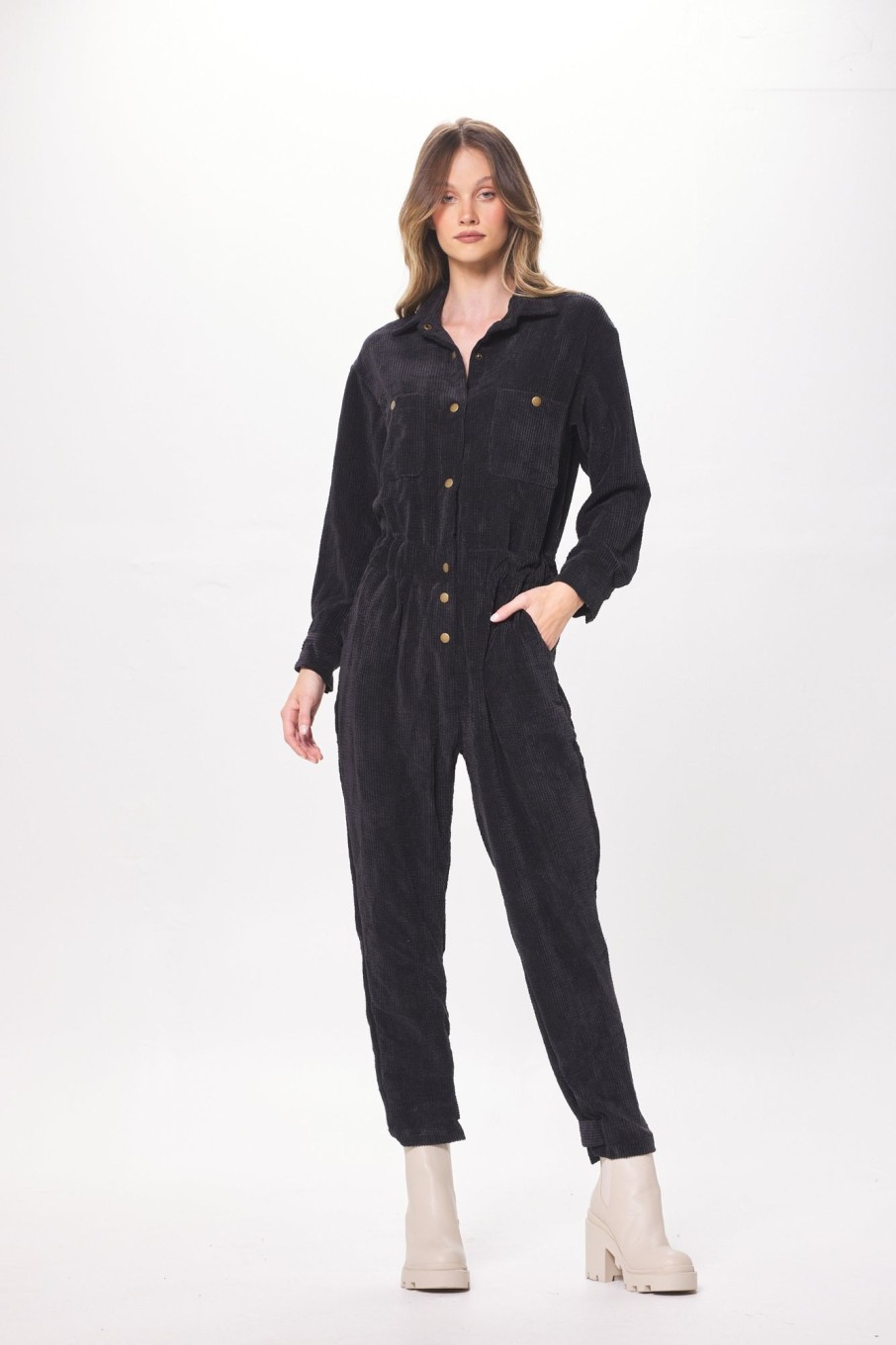 Women Vintage Havana Jumpers & Rompers | Washed Black Crinkle Cord Jumpsuit