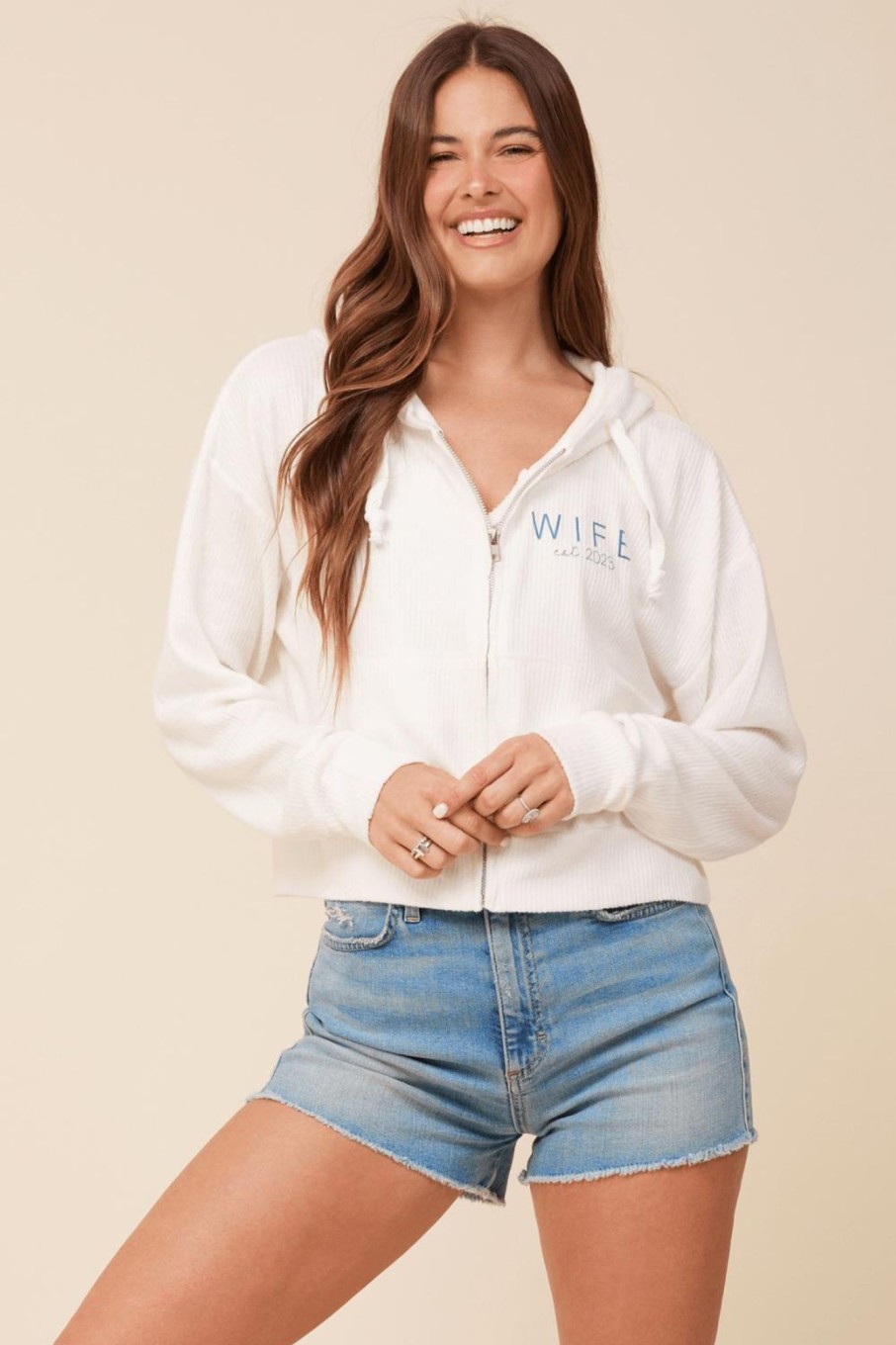 Women Vintage Havana Hoodies | Wife Est 2023 Warm White Rib Hacci Zip Front Hoodie