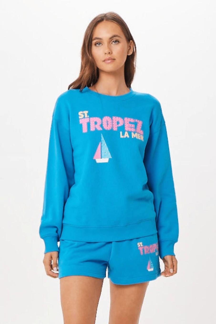 Women Vintage Havana Sweatshirts | Bright Blue St. Tropez Jet Setter Surf Wash Crewneck