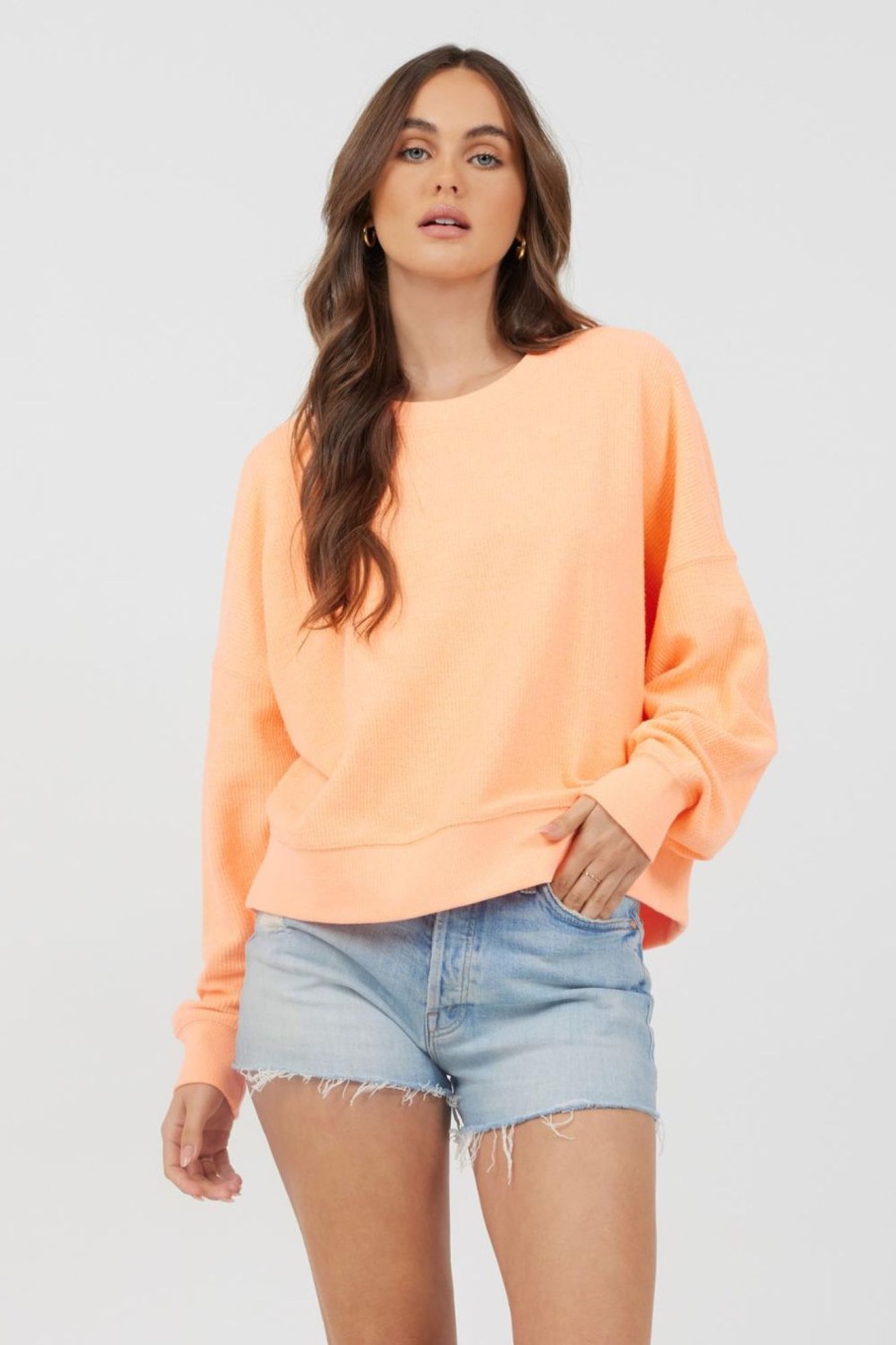 Women Vintage Havana Sweatshirts | Orange Cream Washed Rib Crewneck