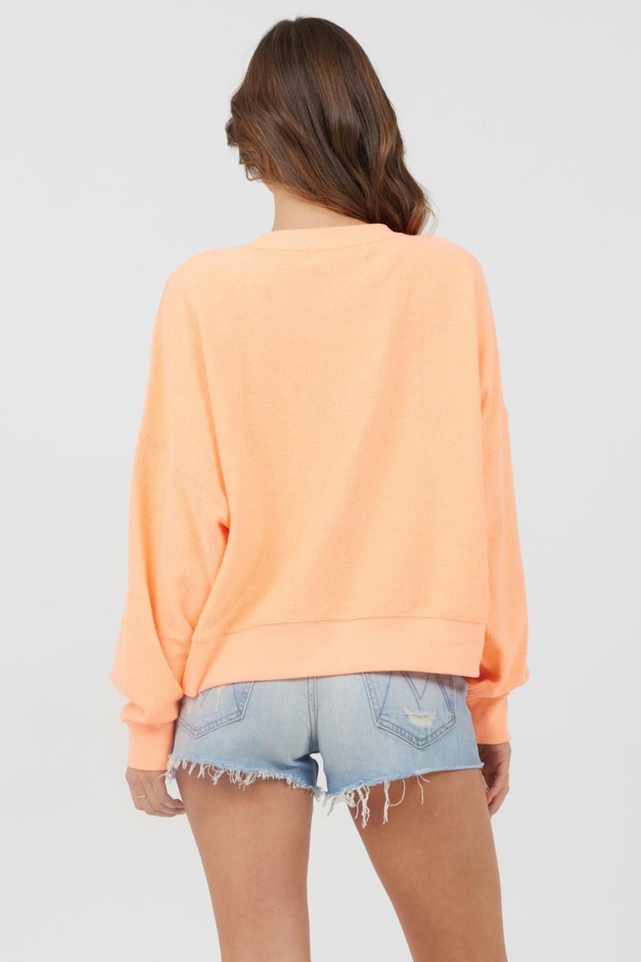 Women Vintage Havana Sweatshirts | Orange Cream Washed Rib Crewneck